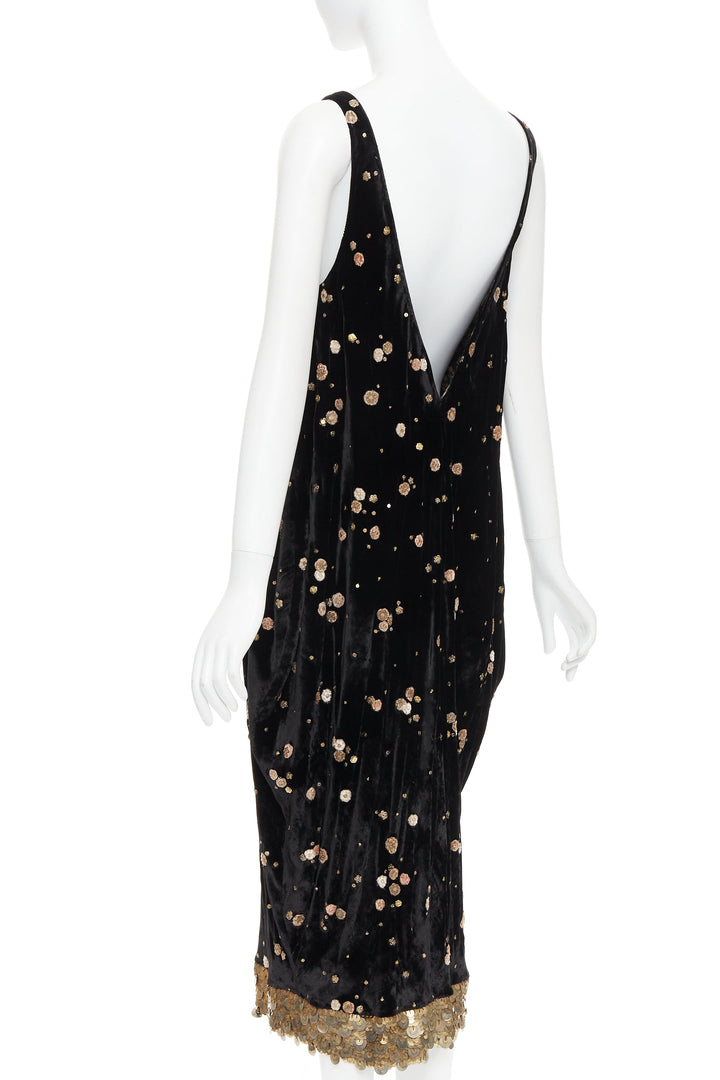 SABYASACHI black velvet gold floral applique sequins drape V neck dress S