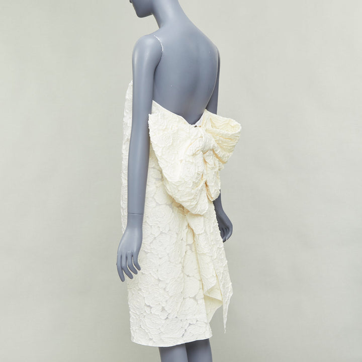 LANVIN Blanche Bridal off white cotton silk floral large bow strapless dress FR38 M