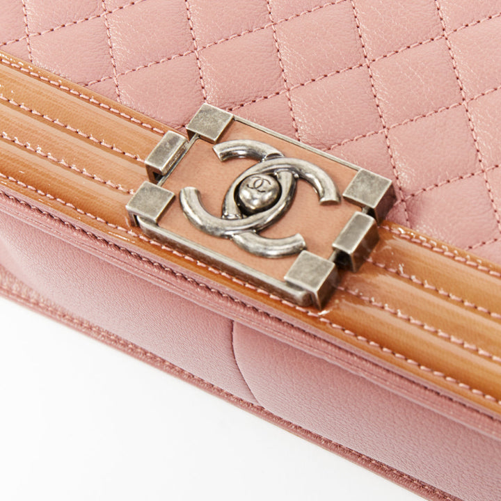 CHANEL Duo Boy Flap pink lambskin beige patent leather small shoulder bag