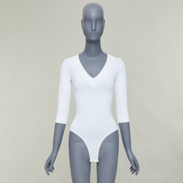 ALAIA white viscose blend V-neck 3/4 sleeves bodysuit top FR36 S