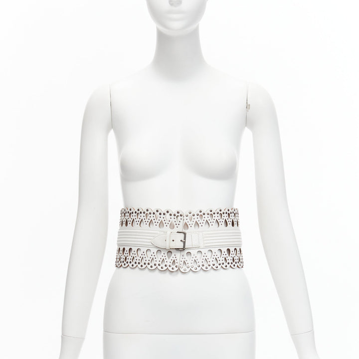 AZZEDINE ALAIA white laser cut studded leather corset waist belt 70cm