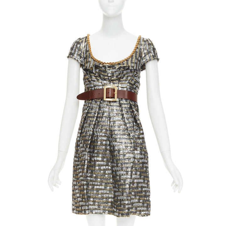 DOLCE GABBANA metallic gold silver check jacquard gold chain belt dress IT38 XS