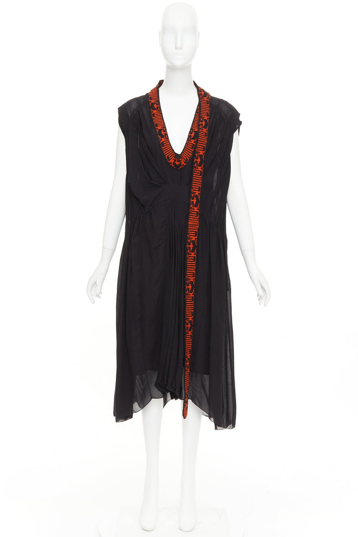 PRADA 2021 Runway black voile red sable jacquard knit neck midi dress IT38 XS