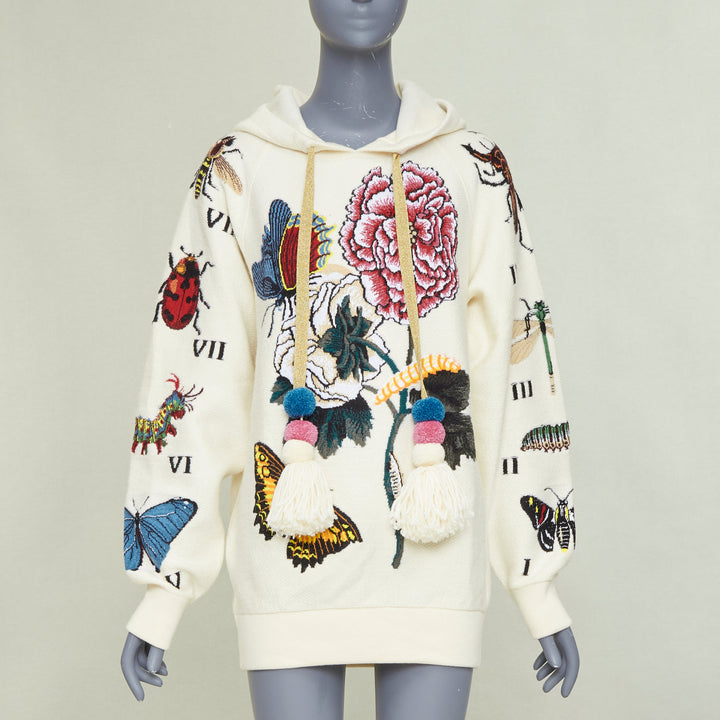 GUCCI 2017 Runway ivory wool cotton pom pom embroidered insect floral hoodie XXS
