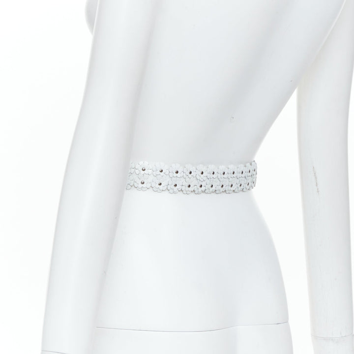 ALAIA 2022 white leather 3D floral petal laser cut studded slim waist belt 65cm