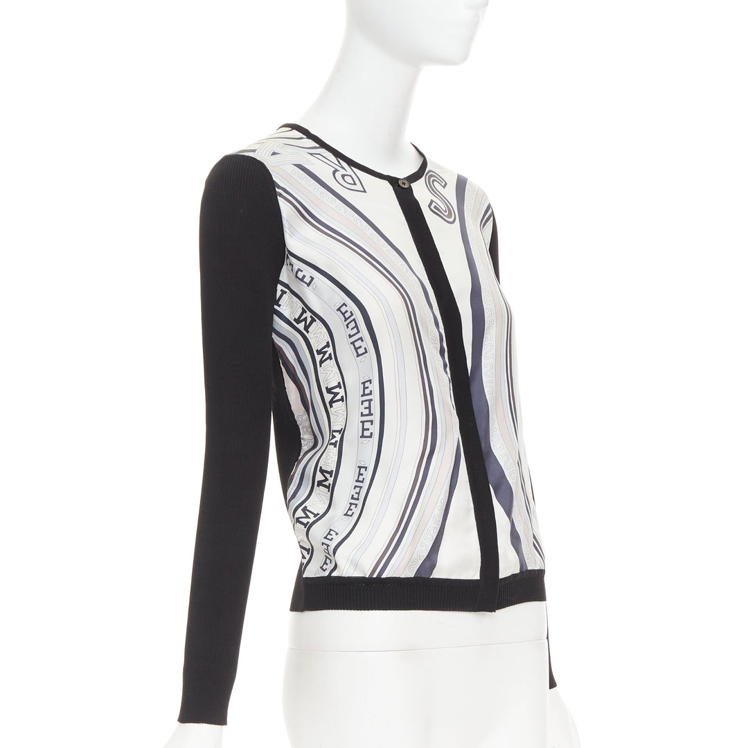 HERMES cream black 100% silk scarf panel cotton ribbed cardigan S