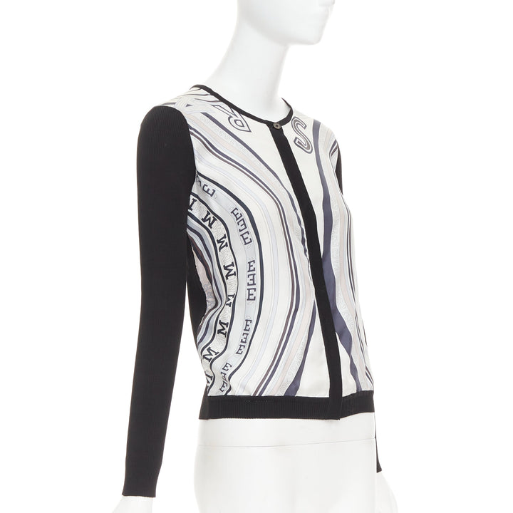 HERMES cream black 100% silk scarf panel cotton ribbed cardigan S