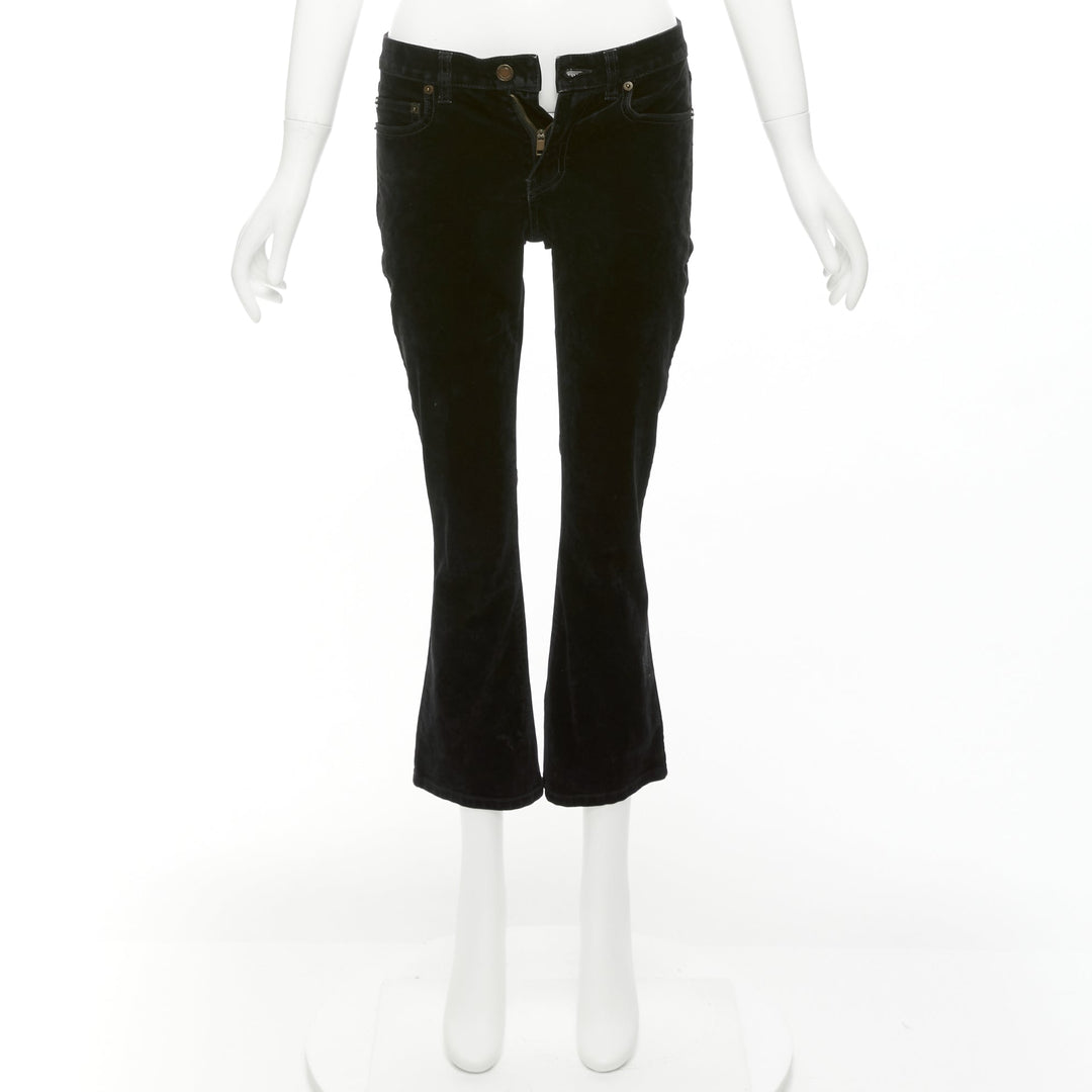 SAINT LAURENT 2018 black cotton blend velvet mid waist flare cropped pants 25"