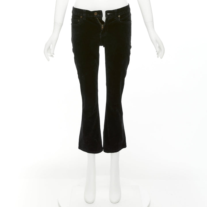 SAINT LAURENT 2018 black cotton blend velvet mid waist flare cropped pants 25"