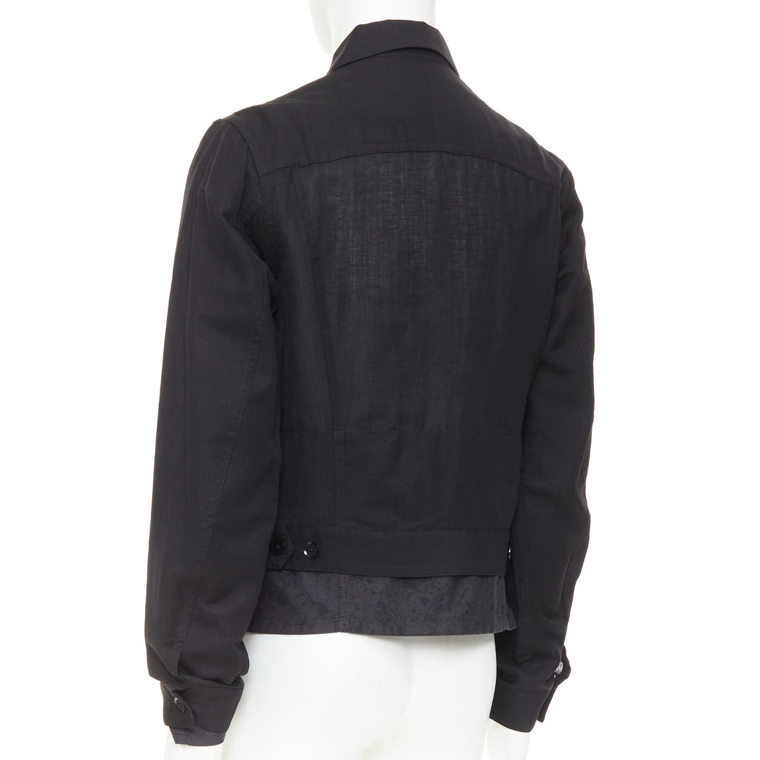 YOHJI YAMAMOTO Pour Homme black wool linen layered cropped trucker jacket JP4 XL
