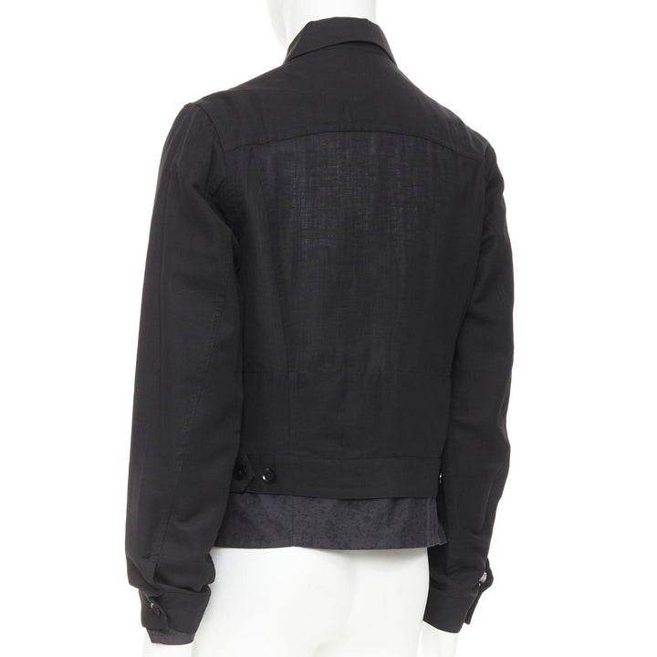 YOHJI YAMAMOTO Pour Homme black wool linen layered cropped trucker jacket JP4 XL