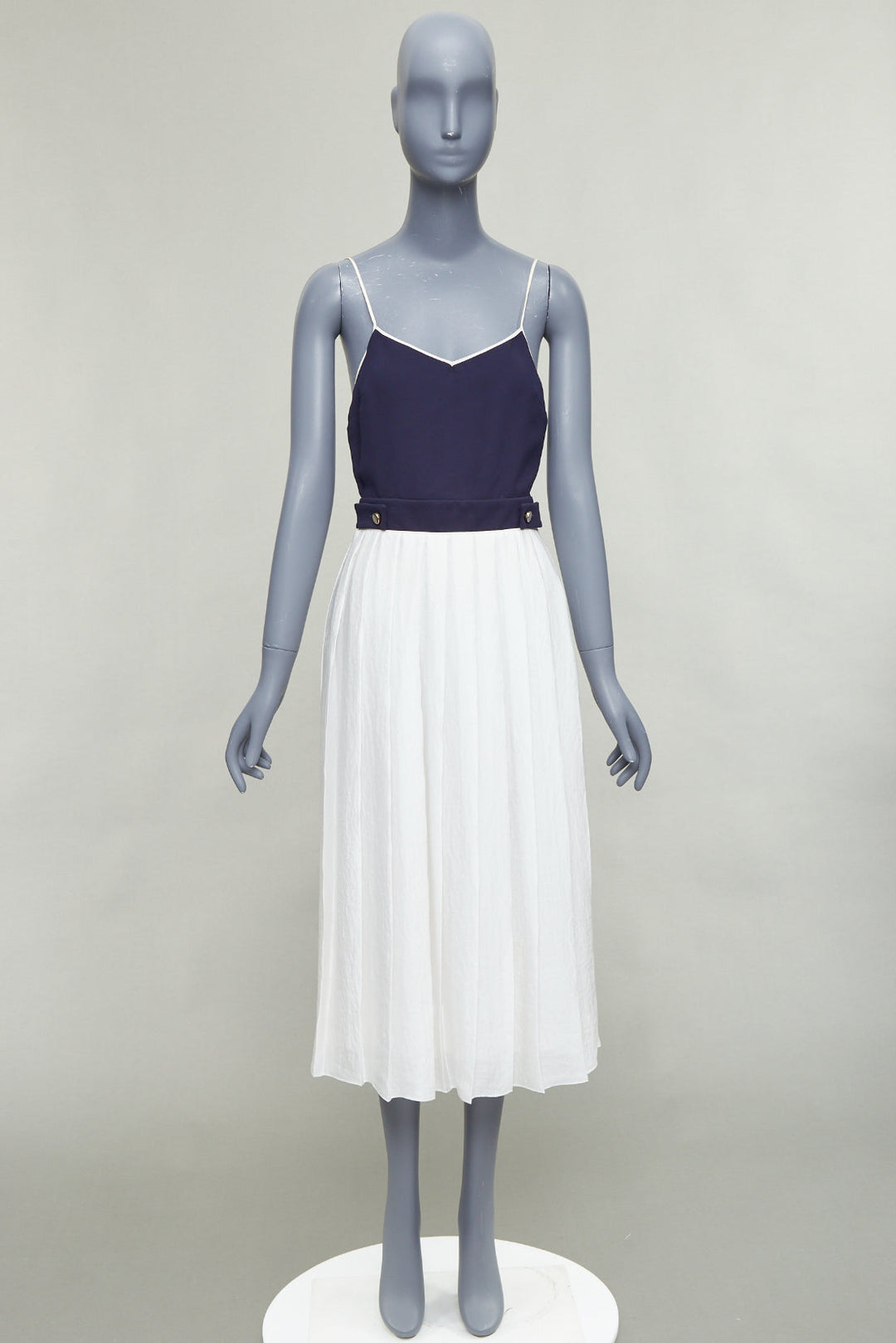VVB VICTORIA BECKHAM navy white pleated buttoned strappy midi dress
