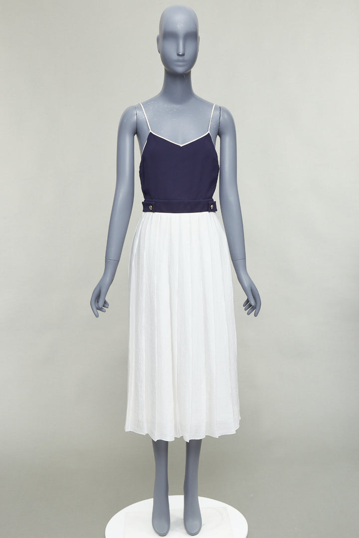 VVB VICTORIA BECKHAM navy white pleated buttoned strappy midi dress