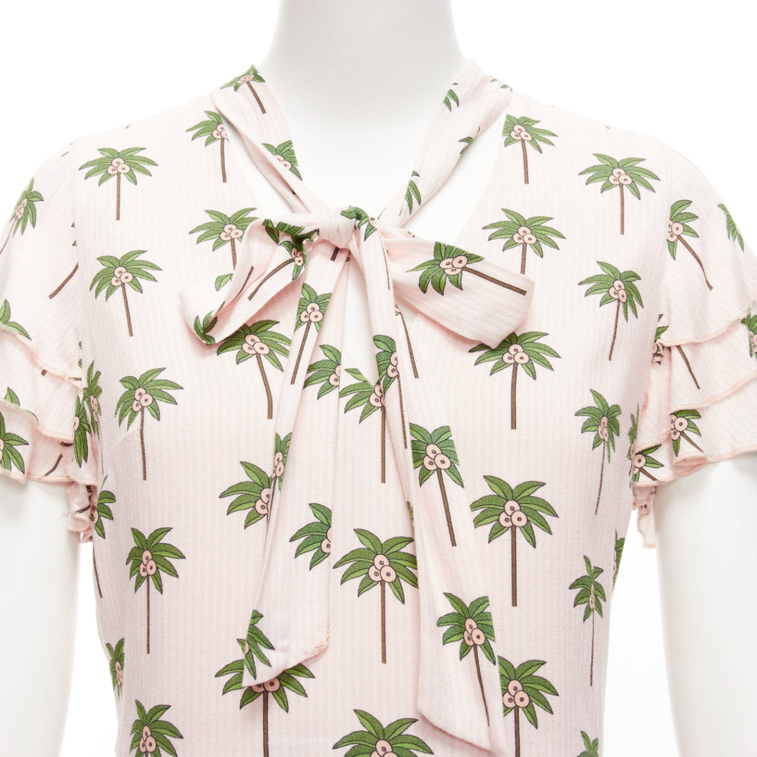 ALICE OLIVIA pink green coconut palm tree frill sleeves bow tie romper US8 L