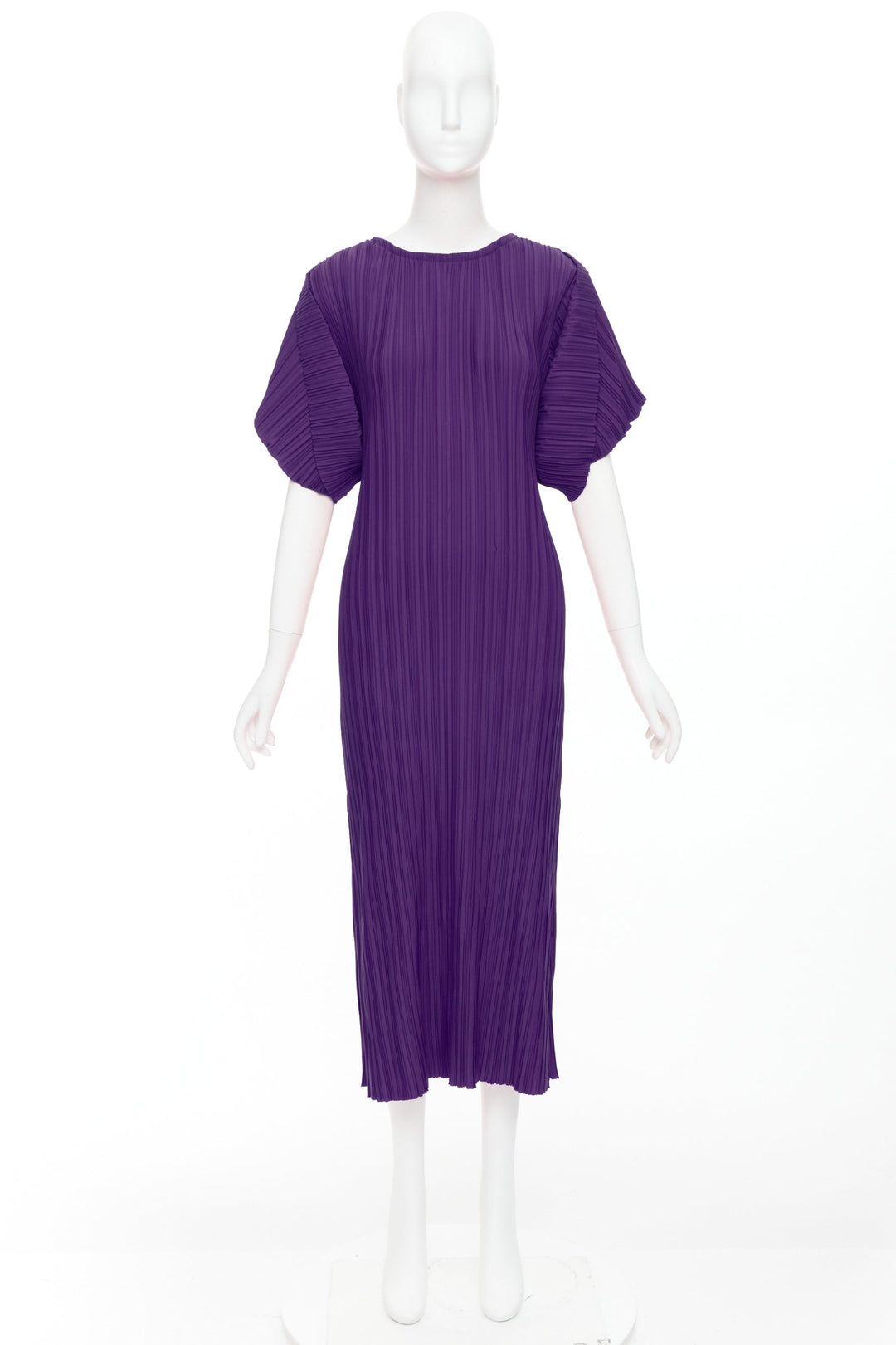 BAMBAH Beach purple plisse puff half sleeve crew neck midi dress