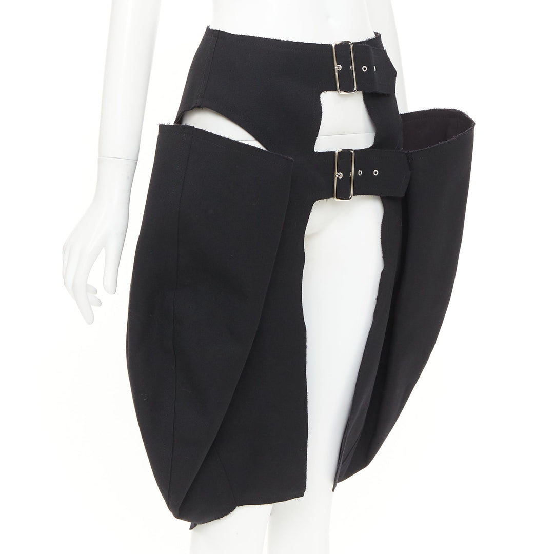 rare COMME DES GARCONS 2019 black wool multi buckle cut out pannier skirt XS