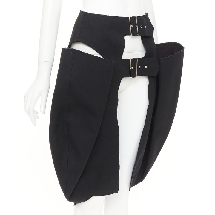 rare COMME DES GARCONS 2019 black wool multi buckle cut out pannier skirt XS