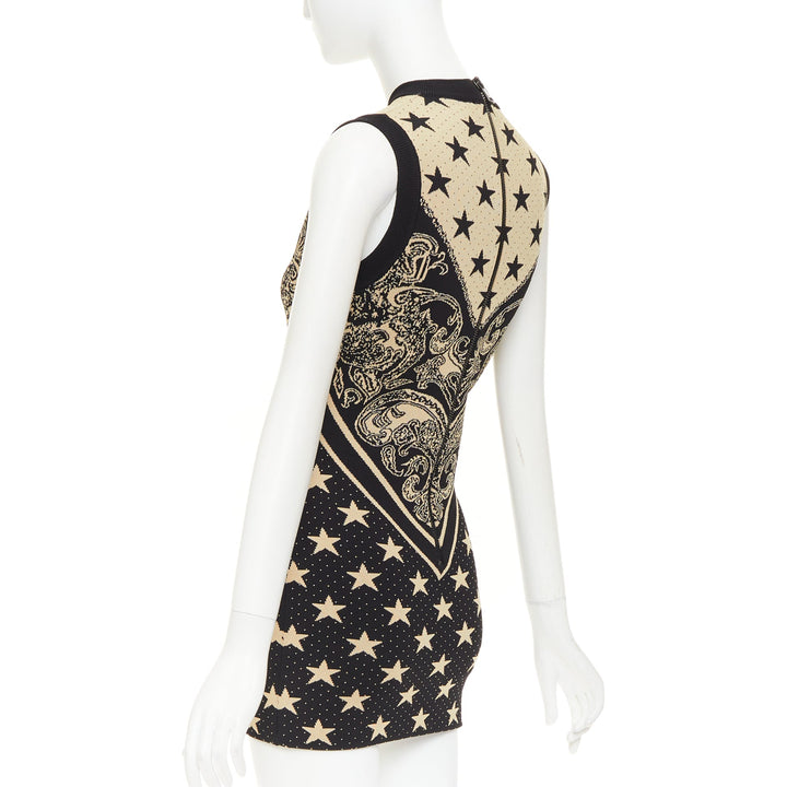 BALMAIN 2023 Ivoire Noir Star Baroque Paisley print intarsia knit dress FR36 S