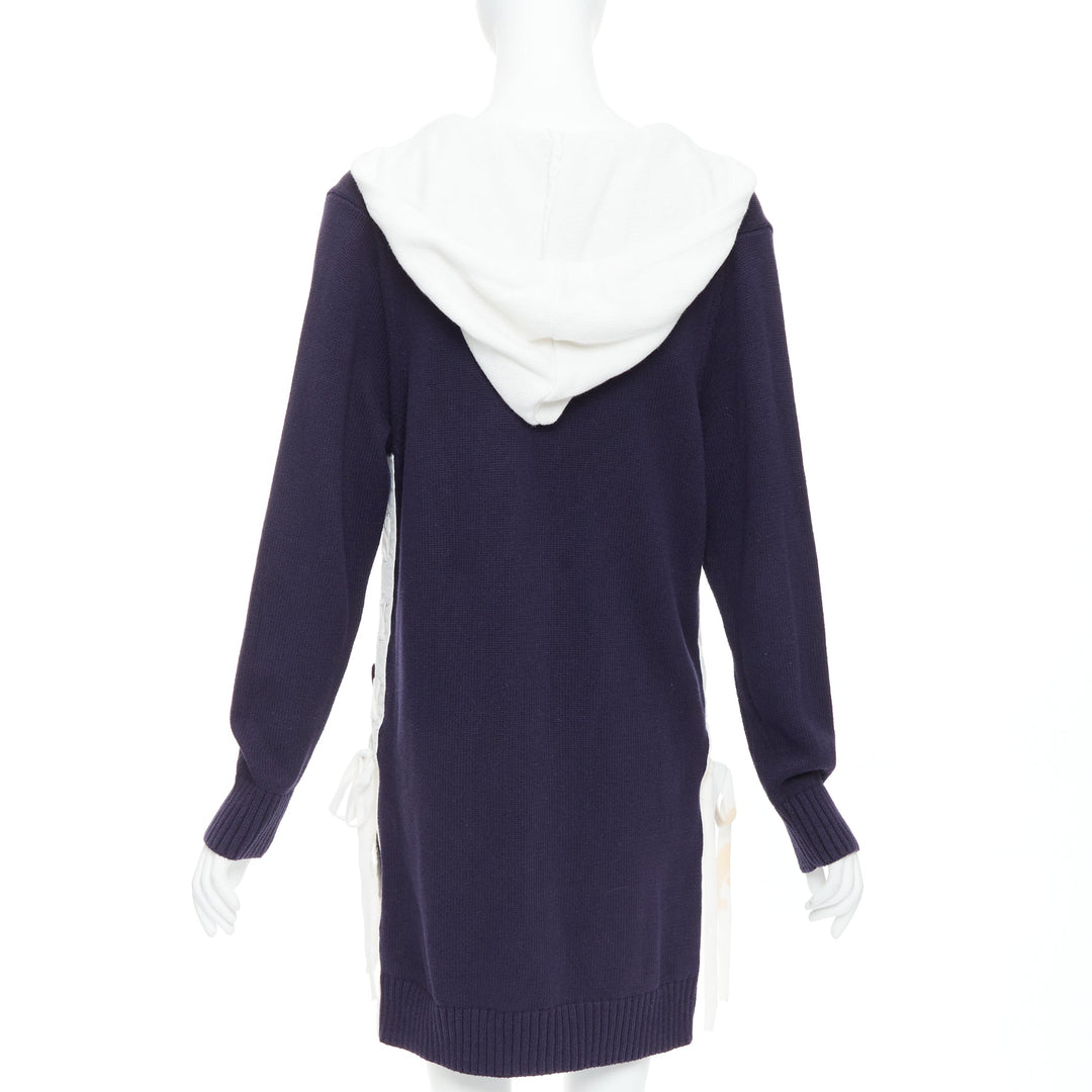 MONSE navy white cotton blend laced side hooded cardigan XS