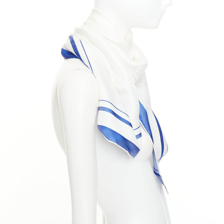 HERMES 90cm tone on tone damask white royal blue stripe frame border silk scarf