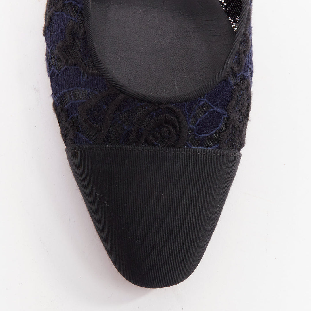 CHANEL navy black lace silver CC logo lace grosgrain slingback ballet flat