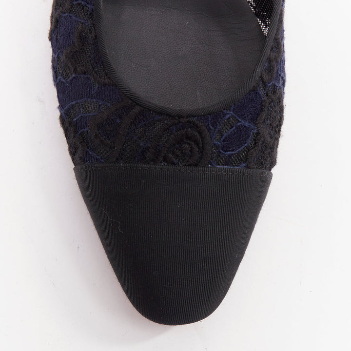 CHANEL navy black lace silver CC logo lace grosgrain slingback ballet flat