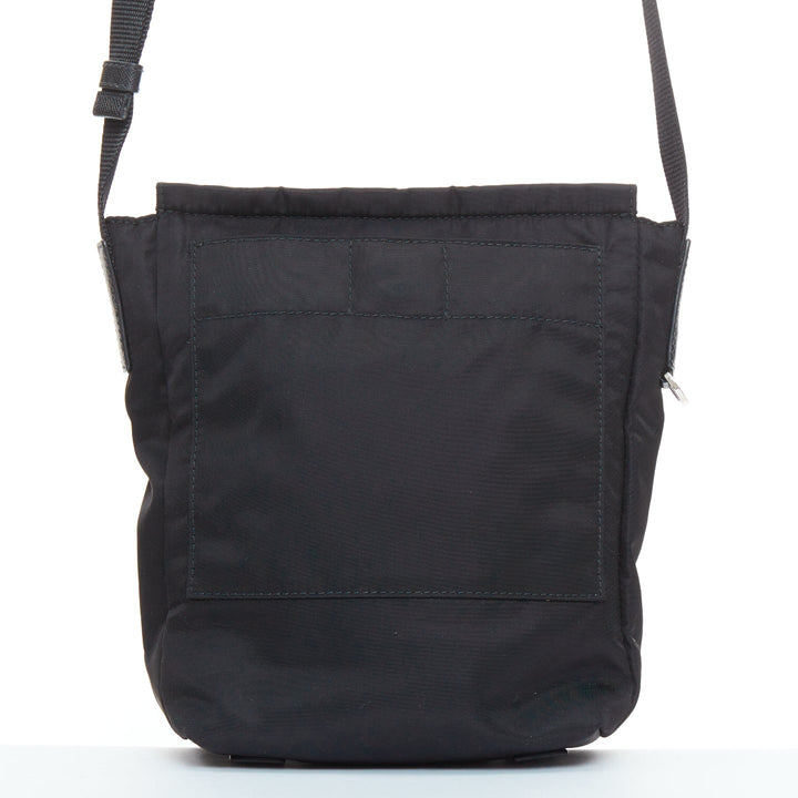 PRADA Racing black tessuto nylon saffiano leather patch logo flap messenger bag