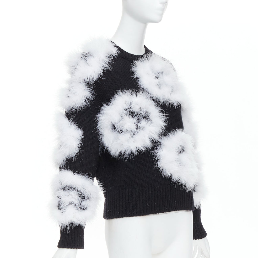 CHANEL 23A Runway white turkey feather black cashmere sweater FR38 M