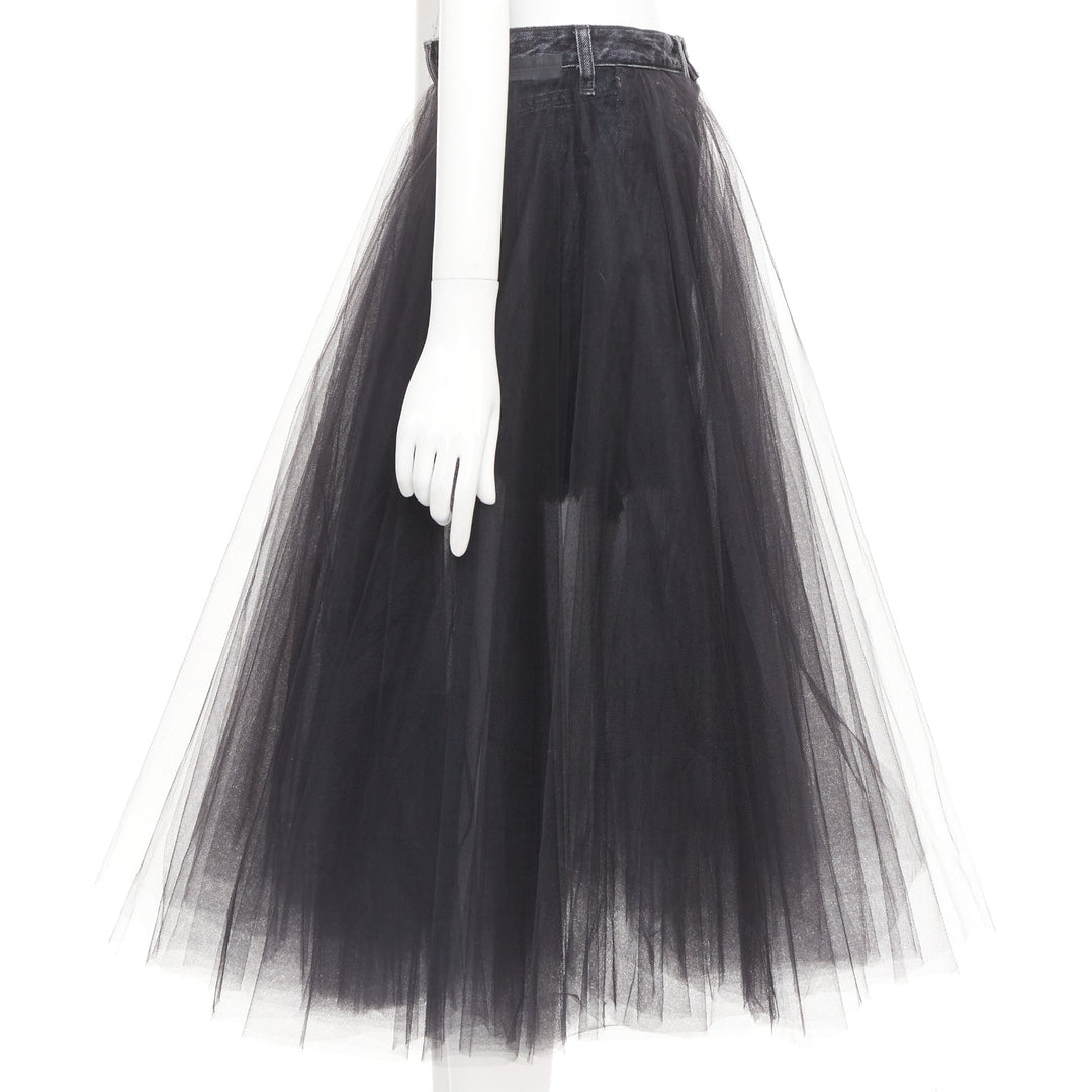 UNRAVEL PROJECT Ben Taverniti black denim tulle layered midi tutu skirt 25"