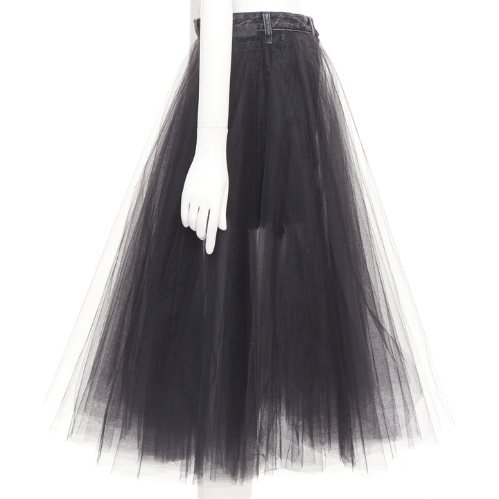 UNRAVEL PROJECT Ben Taverniti black denim tulle layered midi tutu skirt 25"