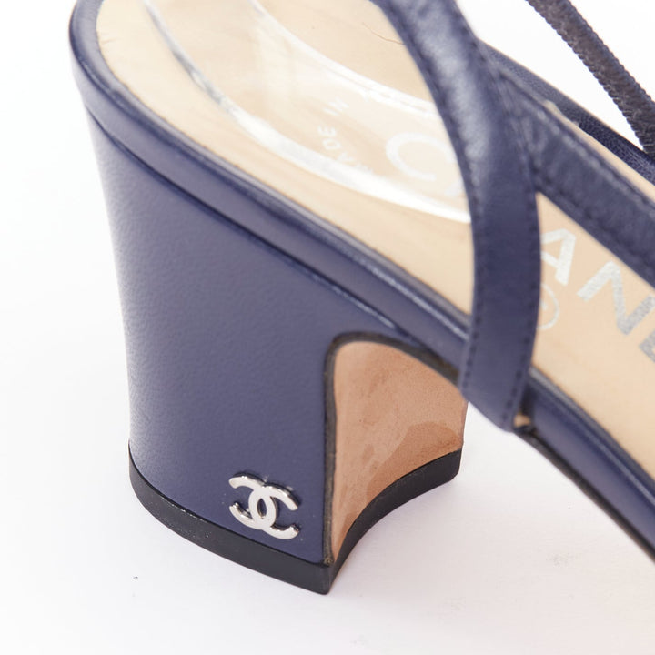 CHANEL navy blue leather black grosgrain cap toe slip on slingback pumps EU38