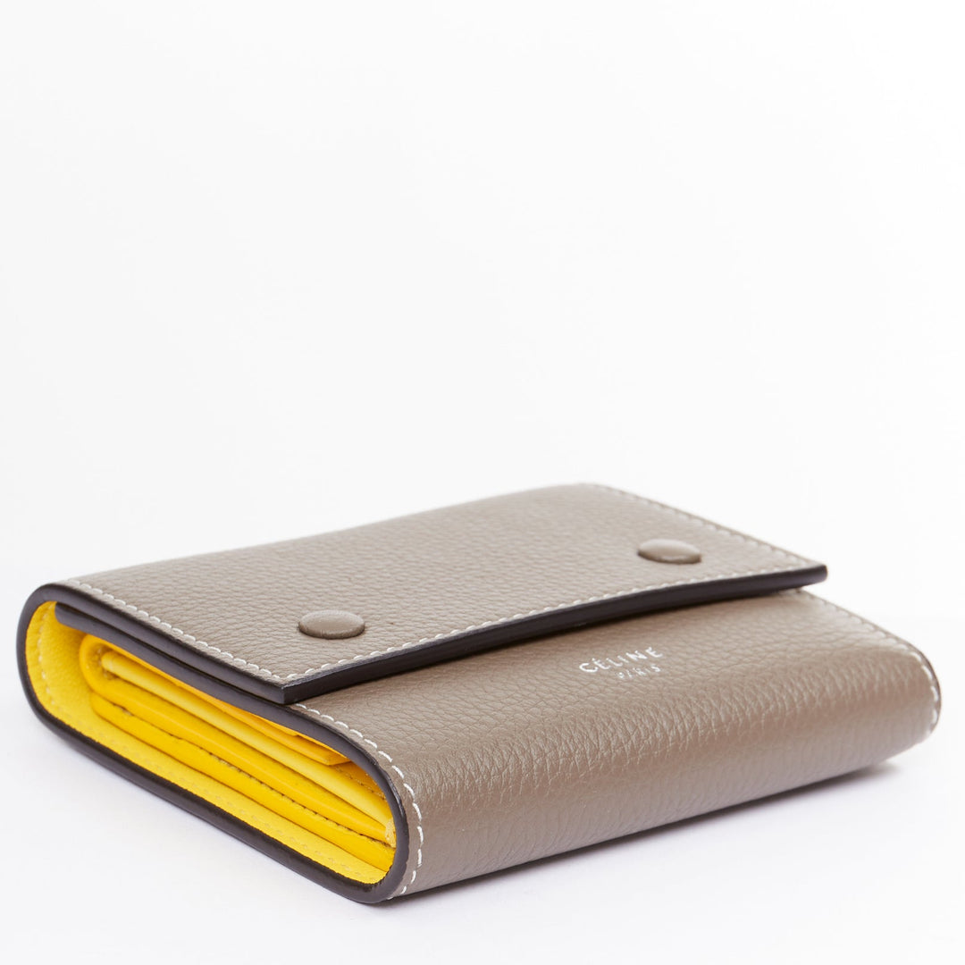 CELINE Trifold Compact Dune drummed calfskin yellow lined folded wallet