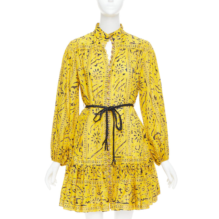 ZIMMERMANN Lulu yellow cotton ethnic print belted tiered mini dress US2 XXS