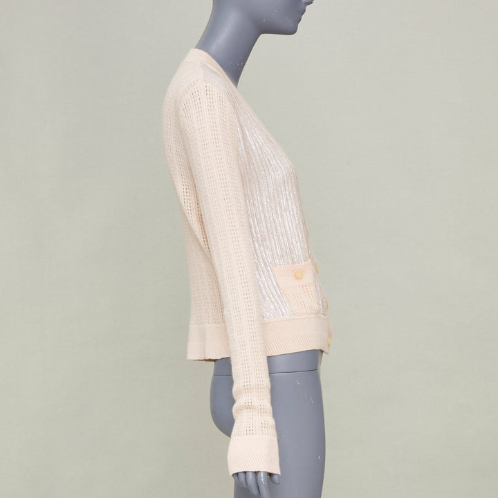 NINA RICCI silver metallic foil panel beige cashmere silk cardigan sweater IT40