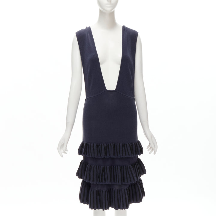 AZZEDINE ALAIA Vintage 1980's navy knitted tiered ruffles plunge neck dress