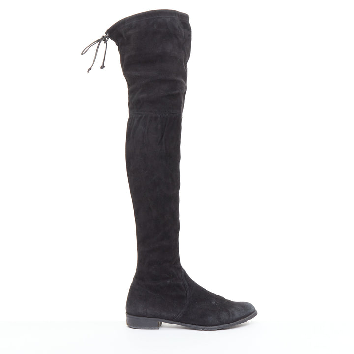STUART WEITZMAN Lowland black suede drawstring top over knee flat boots EU38