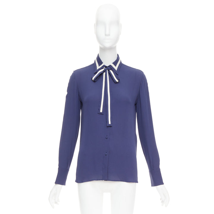 VALENTINO 100% silk navy cream trim tie neck blouse shirt US4 S