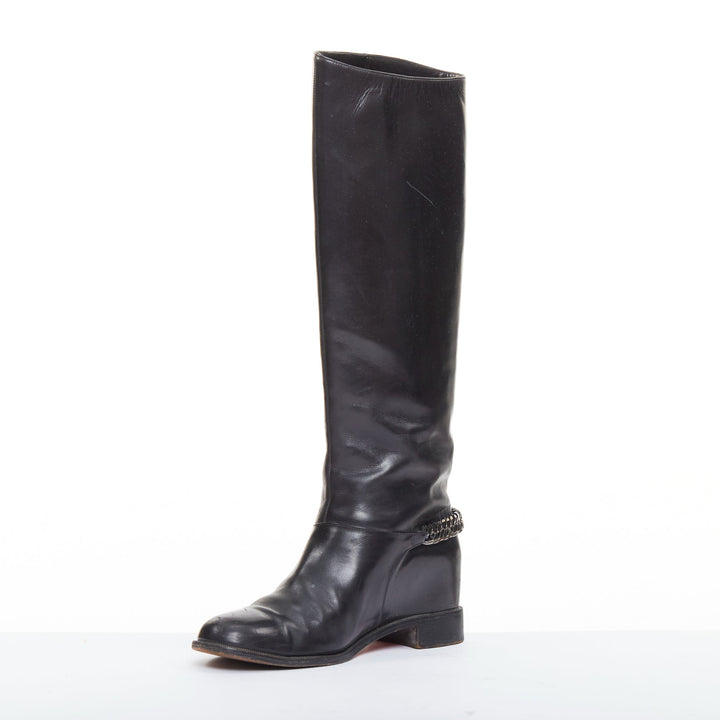 CHRISTIAN LOUBOUTIN Cate black leather silver chain wedge riding boots EU37.5