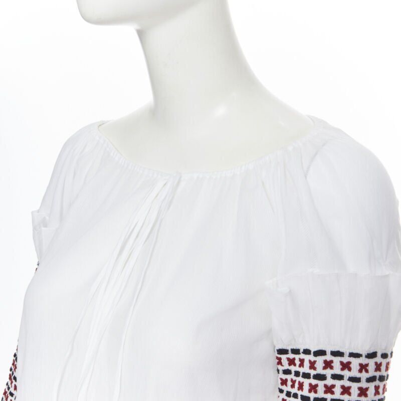 ROSIE ASSOULIN white ethnic embroidery smocked sleeves off shoulder top US0