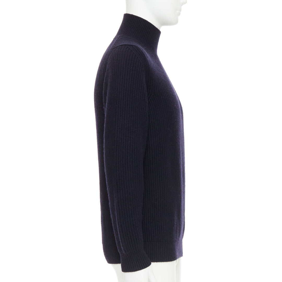 BRIONI 100% cashmere navy leather trim side button sweater IT48 M