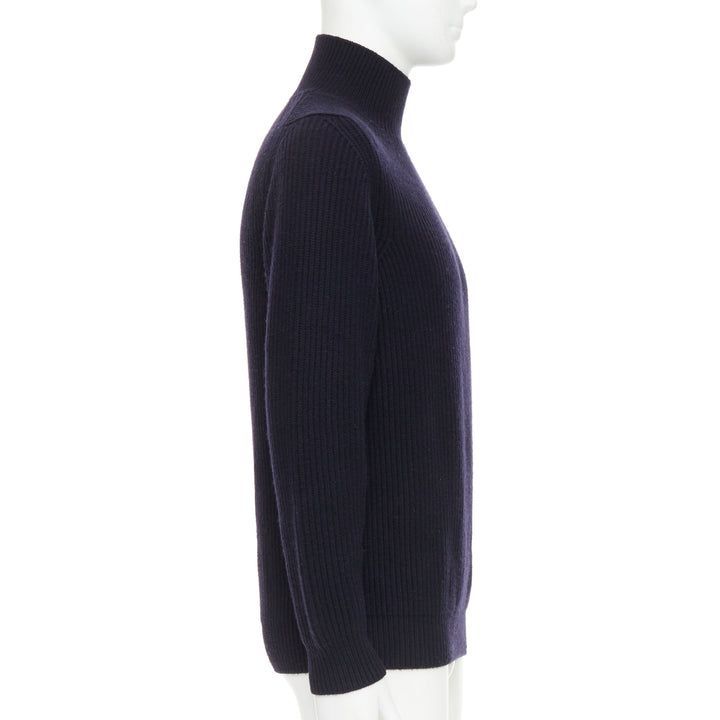 BRIONI 100% cashmere navy leather trim side button sweater IT48 M
