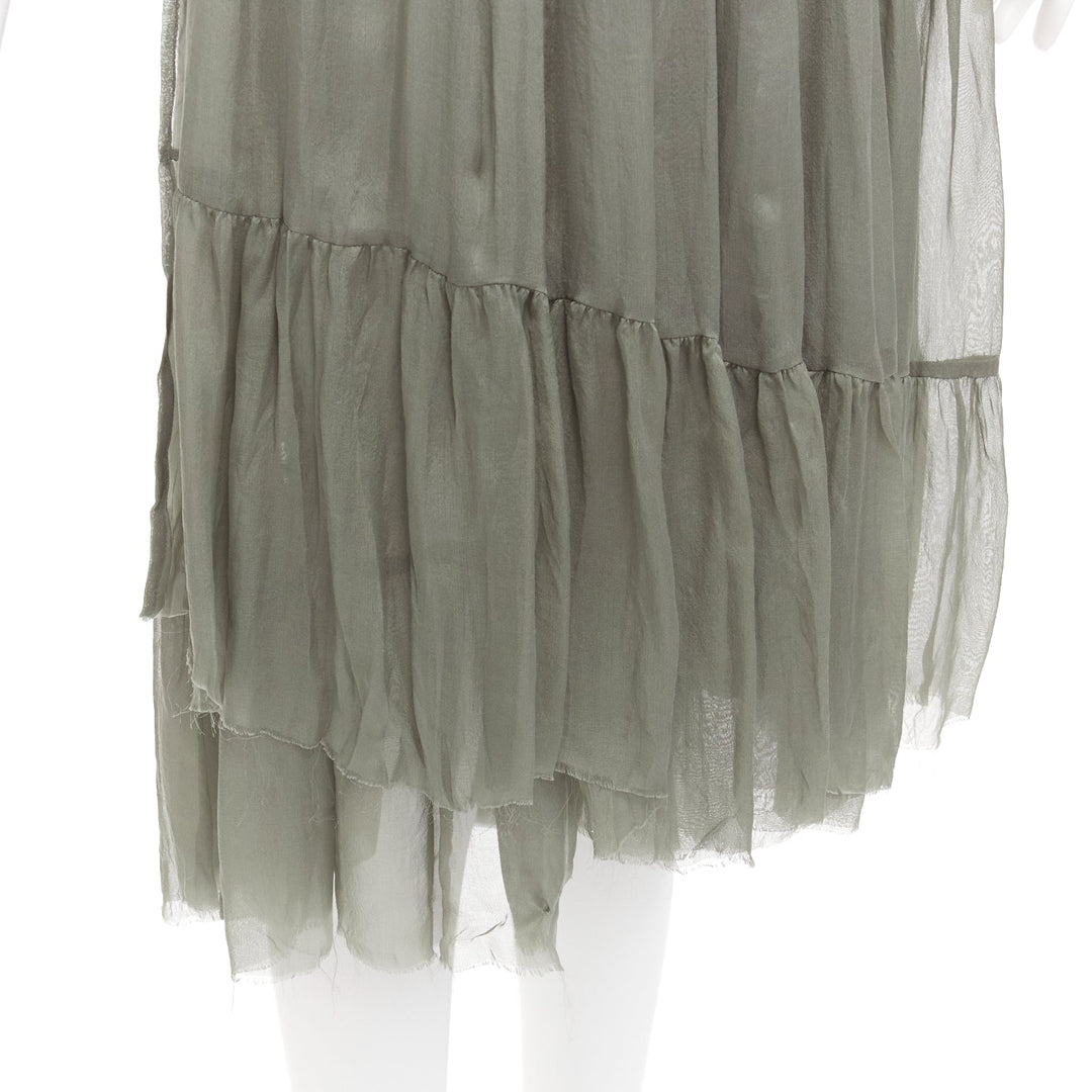 DRIES VAN NOTEN  100% silk military green sheer wrap tie skirt FR38 M