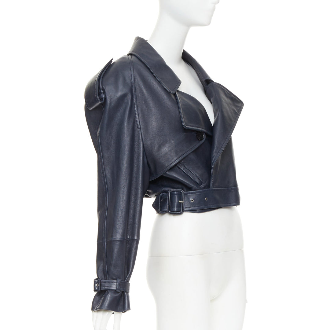 SAINT LAURENT 2023 Runway navy blue lambskin Power belted cropped biker jacket