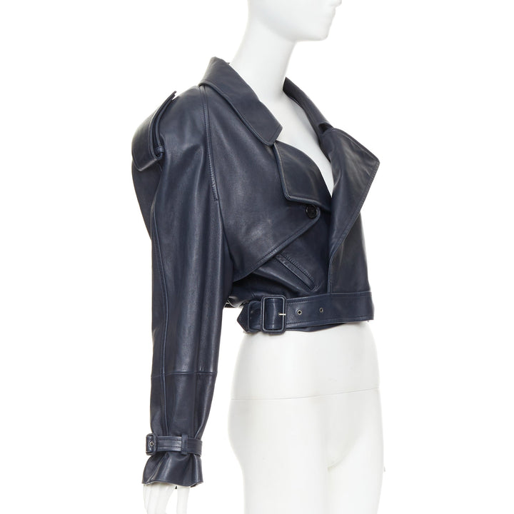 SAINT LAURENT 2023 Runway navy blue lambskin Power belted cropped biker jacket