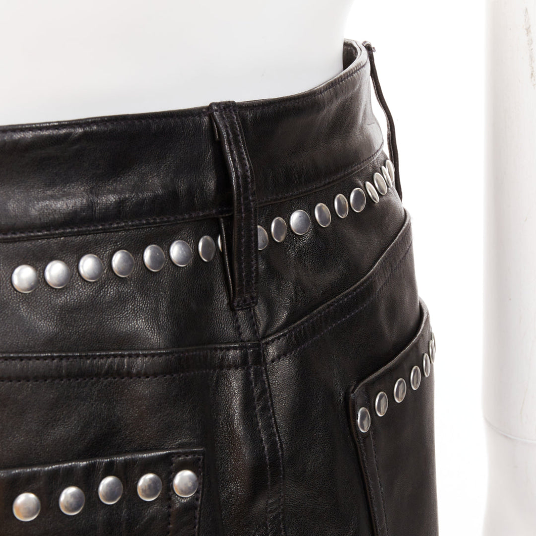 FRAME black lambskin leather silver studded high waist mini skirt 25"