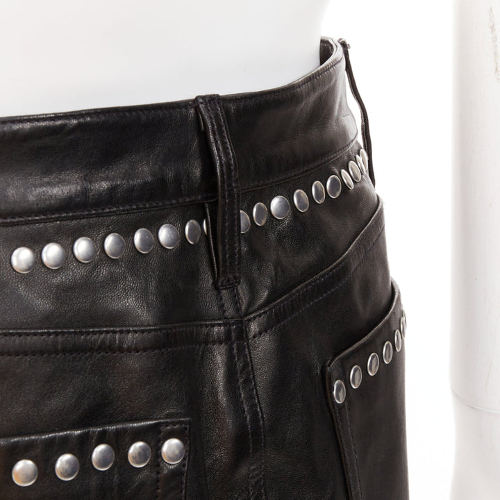 FRAME black lambskin leather silver studded high waist mini skirt 25"