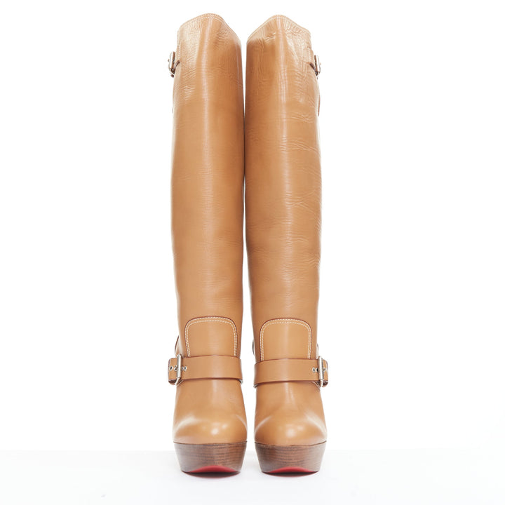 CHRISTIAN LOUBOUTIN Harletty 140 tan calf wood platform knee high boots EU39