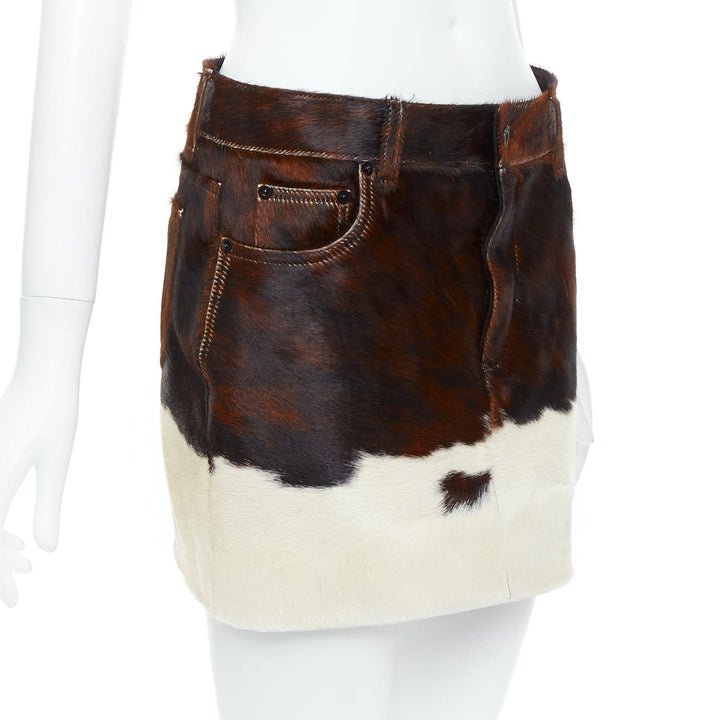 SAINT LAURENT 2018 brown white real calf hair silk lined mini skirt FR38 M