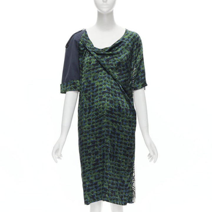 DRIES VAN NOTEN green navy draped silk contrast short sleeve dress FR36 S