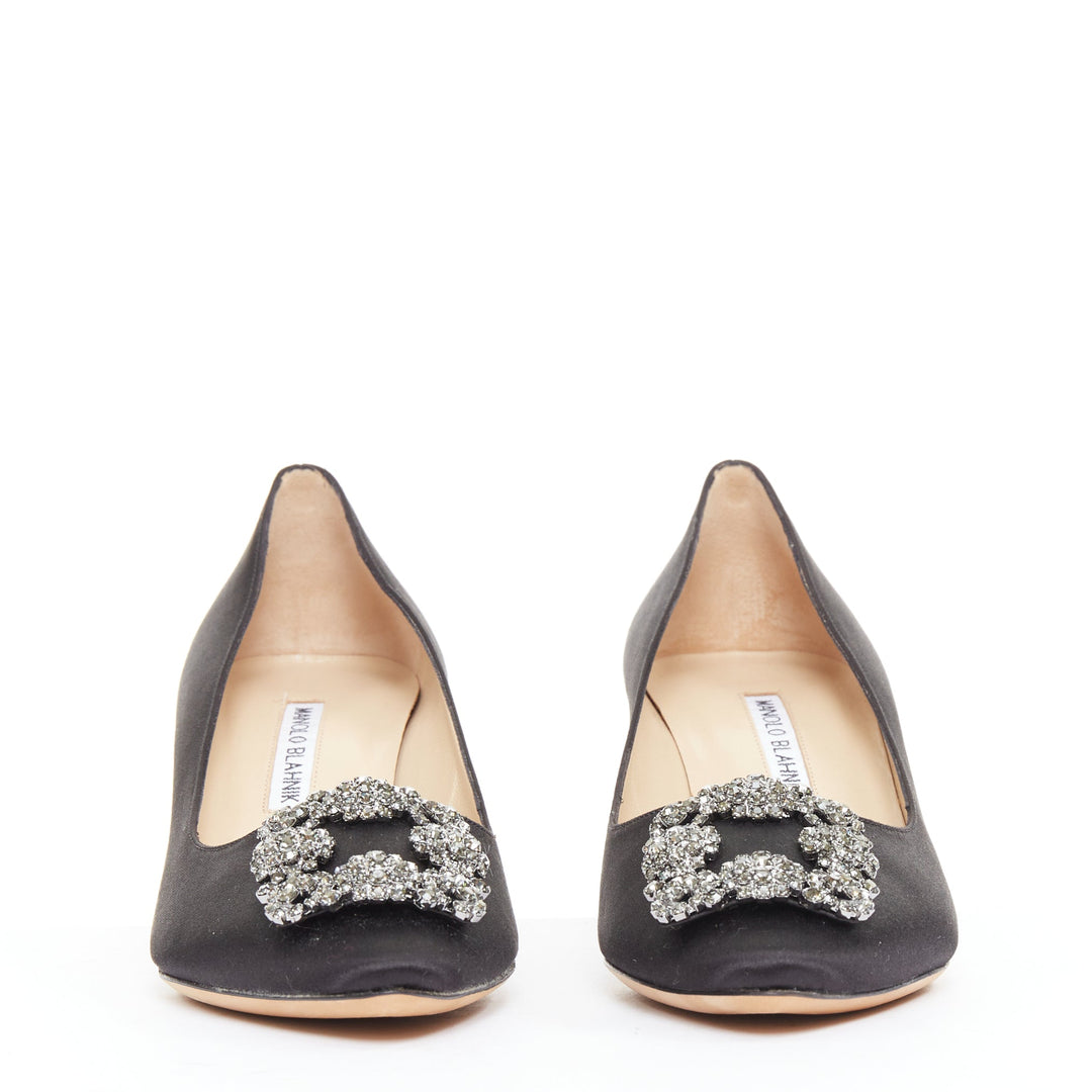 MANOLO BLAHNIK Hangisi black satin crystal brooch buckle heeled pumps EU38